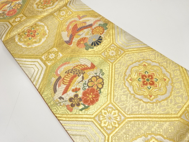 アンティーク　蜀江に尾長鳥・華紋模様織り出し袋帯（材料）